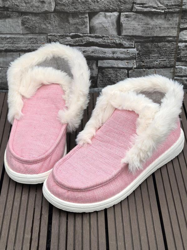 Women's Solid Color Plush Lining Slip on Boots, Casual Soft Comfortable Non-slip Flat Shoes for Fall & Winter, Female All-match Round Toe Shoes for Daily Wear