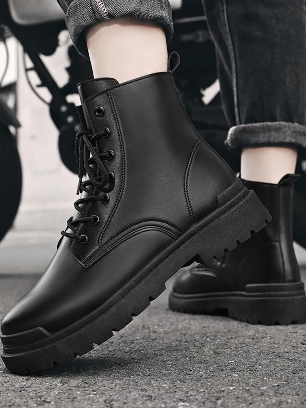 Men's Trendy Solid Color Pu Lace-up Boots, Casual Versatile Warm Thick-soled Boots for Autumn and Winter