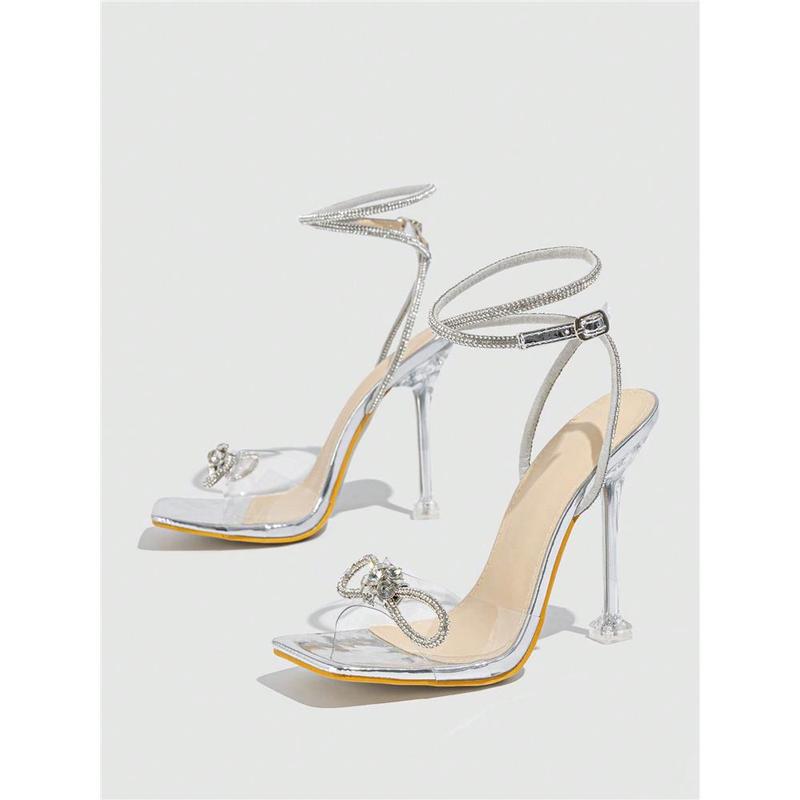 Women's Silver High Heel Sandals With Open Toe, Rhinestone Buckle Strap, Bow Knot, And Transparent Heel, Breathable And For Summer