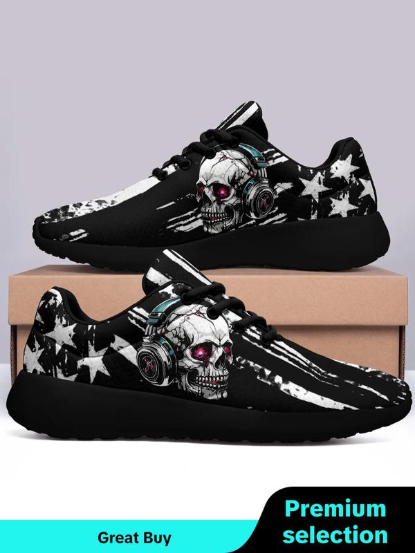 Men's Fashionable Flag & Skull Print Lace Up Low Top Sneakers, Casual Comfortable Breathable Sports Running Shoes, Male All-match Round Toe Casual Shoes for Men, Mens Sneakers