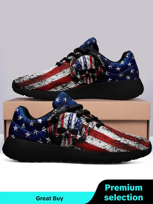 Men's Fashionable Flag & Skull Print Lace Up Low Top Sneakers, Casual Comfortable Breathable Sports Running Shoes, Male All-match Round Toe Casual Shoes for Men, Mens Sneakers