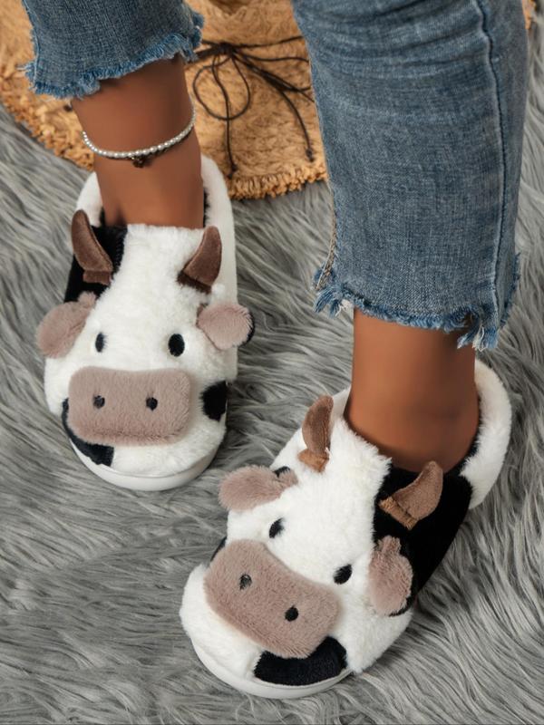 Women's Cute Cow Design Plush Slippers, Warm Bedroom Fuzzy Slippers, Silent Anti-slip Shoes Slippers for Indoor, Outdoor