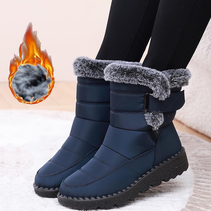 Women's Thermal Mid Calf Snow Boots - Faux Fur Lined, Round Toe, Hook & Loop Fastener, Adjustable Outer Sneakers for Warm Winter Wear