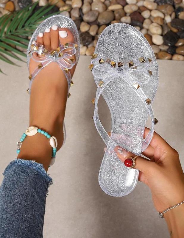 Women's Summer New Elegant Rivet Bow Decor Flat Sandals Open Toe Comfortable Chic Outdoor Beach Holiday Slipper Flip Flops, Fashion Trend Slip-On Pearl Thong Sandals Walking Shoes Footwear