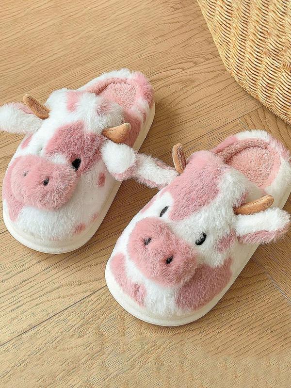 Women's Cute Cow Design Plush Slippers, Warm Bedroom Fuzzy Slippers, Silent Anti-slip Shoes Slippers for Indoor, Outdoor