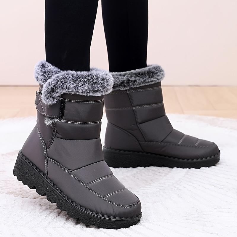 Women's Thermal Mid Calf Snow Boots - Faux Fur Lined, Round Toe, Hook & Loop Fastener, Adjustable Outer Sneakers for Warm Winter Wear