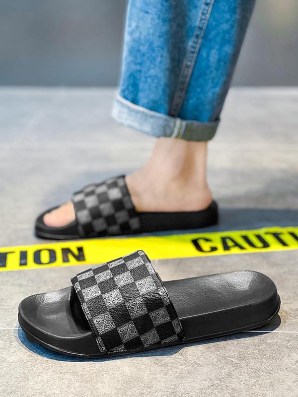 Men's Casual Plaid Pattern Slides, Breathable Comfortable Slides for Summer, Non-slip Shower Slippers for Indoor Outdoor Beach