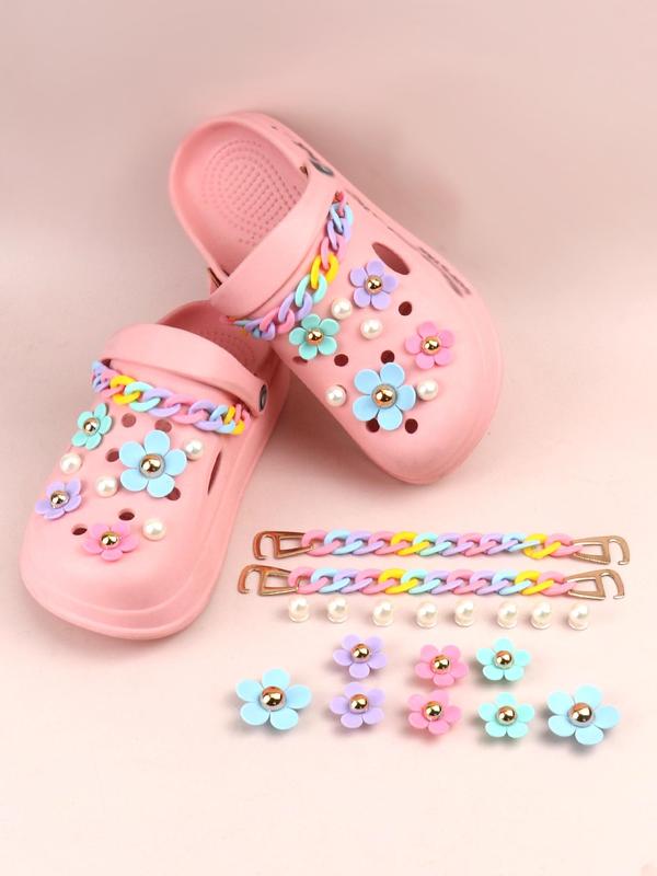 18pcs Novelty Multicolor Chain & Flowers & Faux Pearls Design Shoes Decorations, Fashionable Unique Shoes Accessories Gifts For Clogs Design