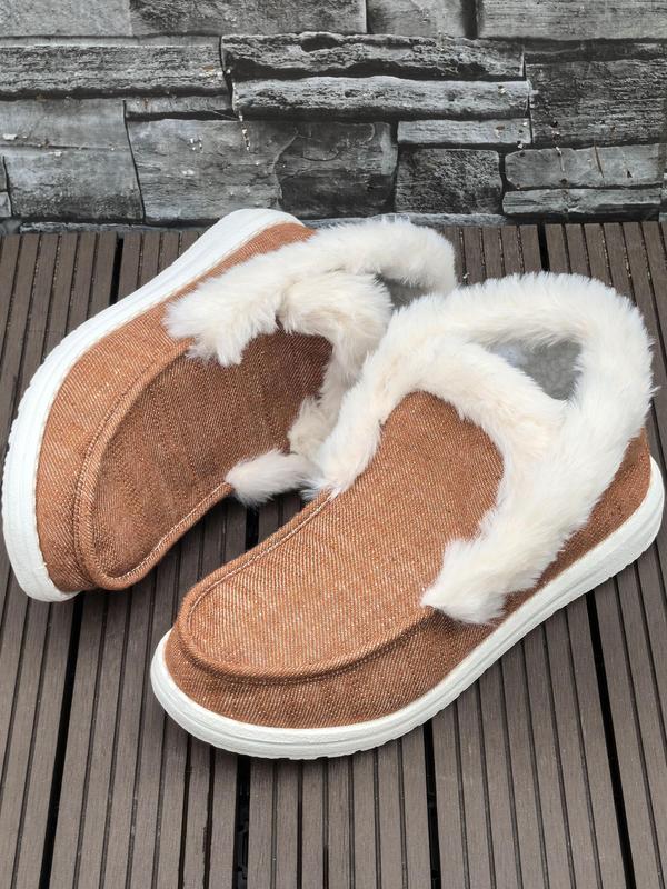 Women's Solid Color Plush Lining Slip on Boots, Casual Soft Comfortable Non-slip Flat Shoes for Fall & Winter, Female All-match Round Toe Shoes for Daily Wear