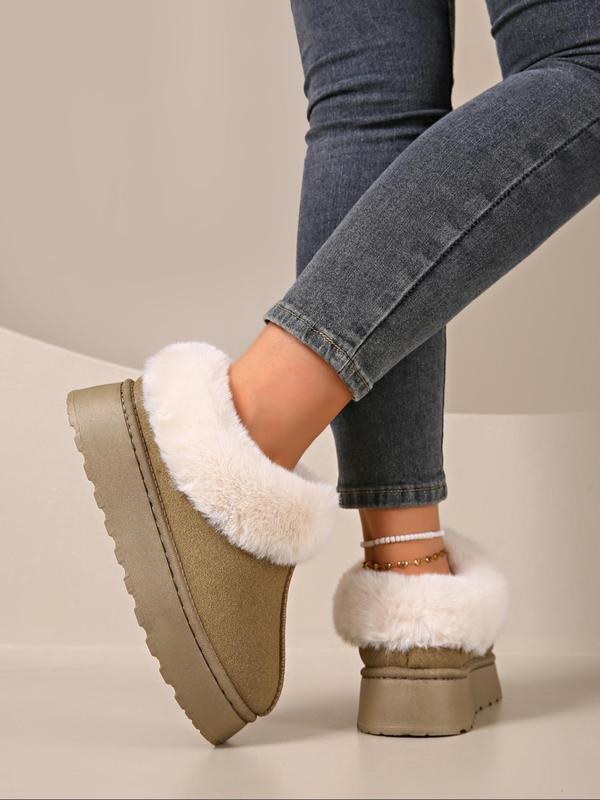 Women's Solid Color Fluffy Plush Lined Ankle Snow Boots, Casual Comfortable Warm Slip on Snow Boots for Winter, Female All-match Round Toe Shoes for Daily Wear