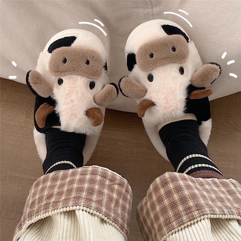 1 Pair Best-selling Cute Cow House Slippers for Couple, Kawaii Fuzzy Cozy Funny House Shoes, Cartoon Animal Design Plush Fluffy Slippers for Women & Men, Silent Anti-slip Slippers, Matching Trendy Warm Slippers