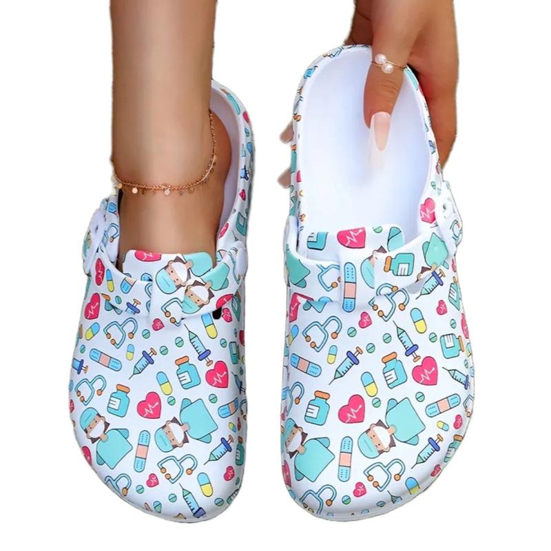 Nurses Doctors CNAs CMAs Med Techs Healthcare Workers Cartoon Print Platform EVA Clogs Mules - Girls Walking Shoes with Beautiful Print - Women Footwear Comfort Lightweight Buckle