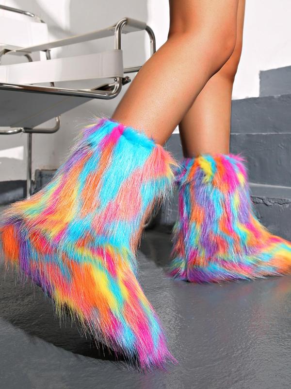 Women's Ombre Plush Lined Snow Boots, Casual Warm Fluffy Mid-calf Boots for Winter, Female All-match Trendy Shoes for Daily Wear