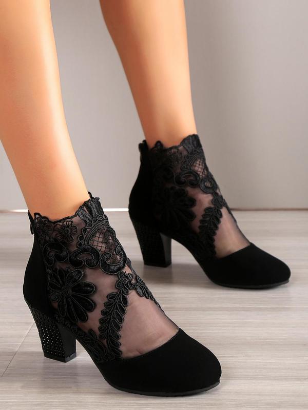 Women's Fashionable Floral Lace Design Ankle Boots, with Cuban Heels, Casual Comfortable Pointed Toe Boots for Daily Wear, Female All-match Trendy Shoes, Fall Shoes