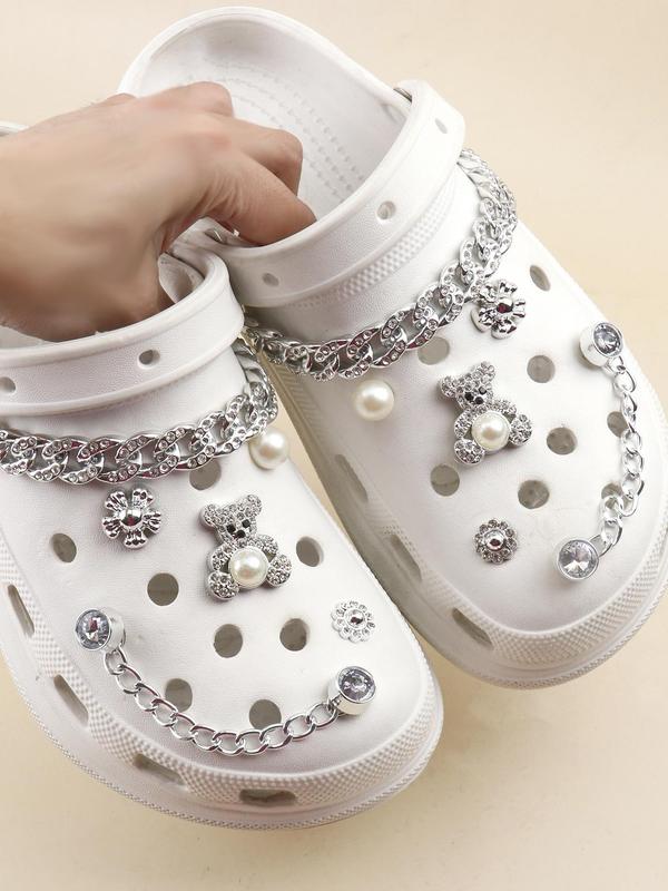 Cute Chain & Faux Pearl & Bear Decorated Shoes Jewelry (10 12pcs), Rhinestone Decor Shoes Accessories for Women's Clogs, Fashionable Shoes Accessories for Clogs