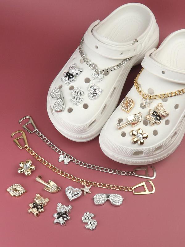 Cute Bear & Heart & Flower & Chain Decorated Shoe Charms, Fashionable DIY Shoes Decorations for Clogs, Bubble Slides, Sandals, Shoes Accessories