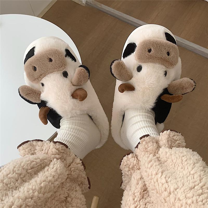 1 Pair Best-selling Cute Cow House Slippers for Couple, Kawaii Fuzzy Cozy Funny House Shoes, Cartoon Animal Design Plush Fluffy Slippers for Women & Men, Silent Anti-slip Slippers, Matching Trendy Warm Slippers