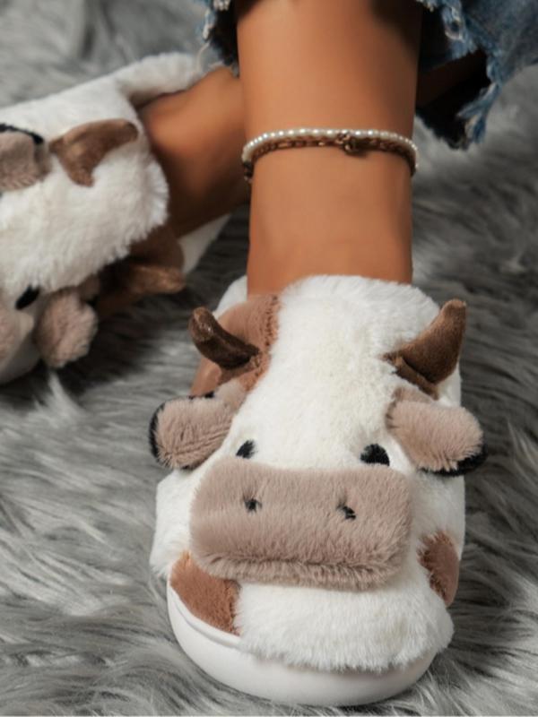 Women's Cartoon Cute Cow Design Plush Slippers, Warm Bedroom Fuzzy Platform Slippers for Daily Wear, Girl's Casual No-slip Chunky Slippers for Fall & Winter