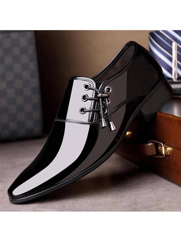 Men's Business Style Solid Color Lace-up Front Decor Glossy Dress Shoes, Low Top Pointed Toe Dress Loafers, Formal Shoes For Wedding, Work & Office Wear