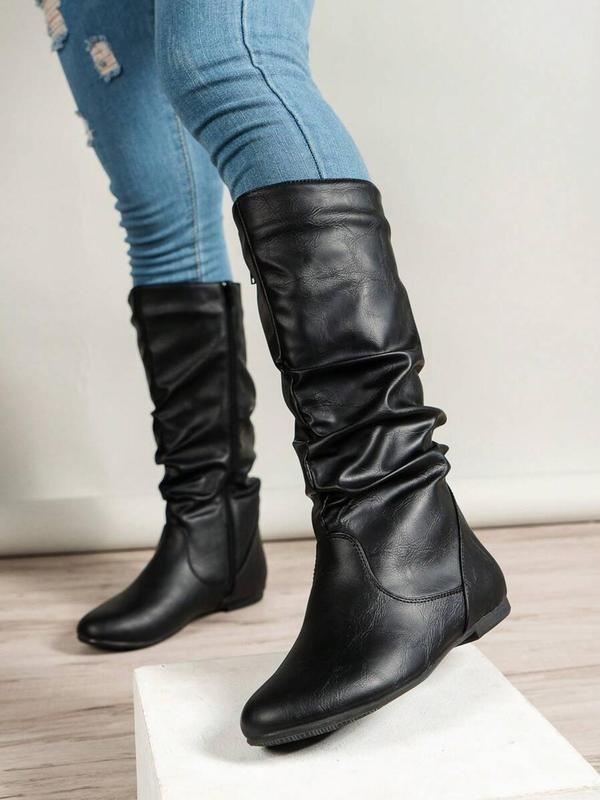 Women's Fashionable Solid Ruched Design Boots, Casual Comfortable Zipper Design Boots for Daily Wear, Perfect for Students and Outdoor for Women & Girls