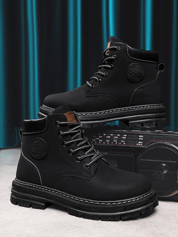 Men's Fashion Patched Design Lace up Pu Leather Boots, Casual Comfortable Mid-calf Boots for Boy, Fashion All-match Leisure Style Combat Boots for Daily Life, Winter Footwear