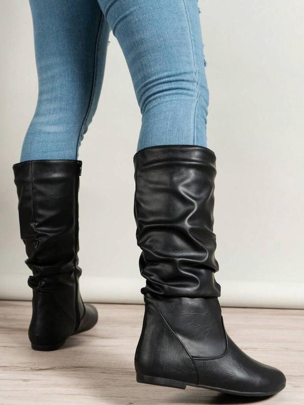 Women's Fashionable Solid Ruched Design Boots, Casual Comfortable Zipper Design Boots for Daily Wear, Perfect for Students and Outdoor for Women & Girls