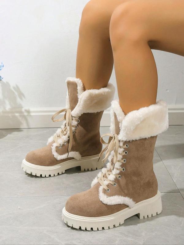 Women's Fashionable Contrast Faux Fur Snow Boots, Casual Warm Lace Up Boots for Winter, Female All-match Trendy Shoes for Daily Wear