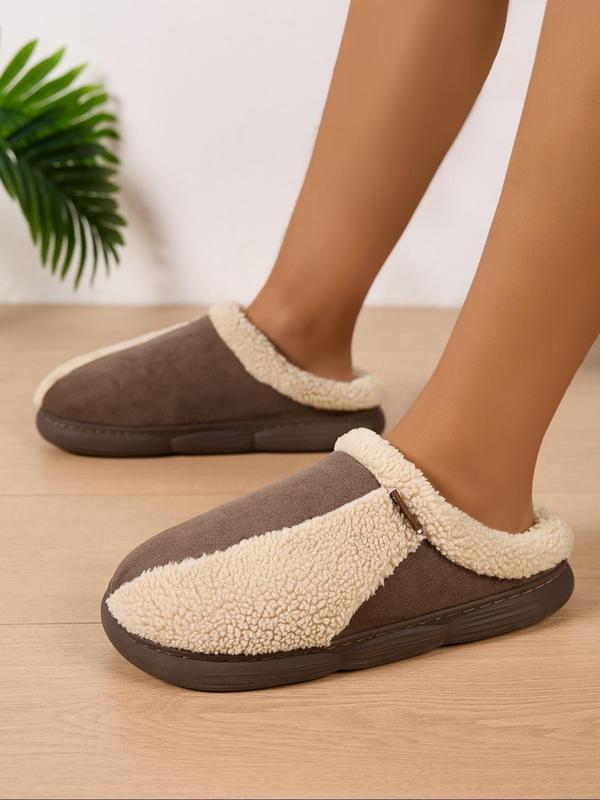 Men's Casual Patchwork Design Plush Slippers, Soft Comfortable Warm Slippers for Indoor & Outdoor Wear, Fluffy Bedroom Slippers for Fall & Winter