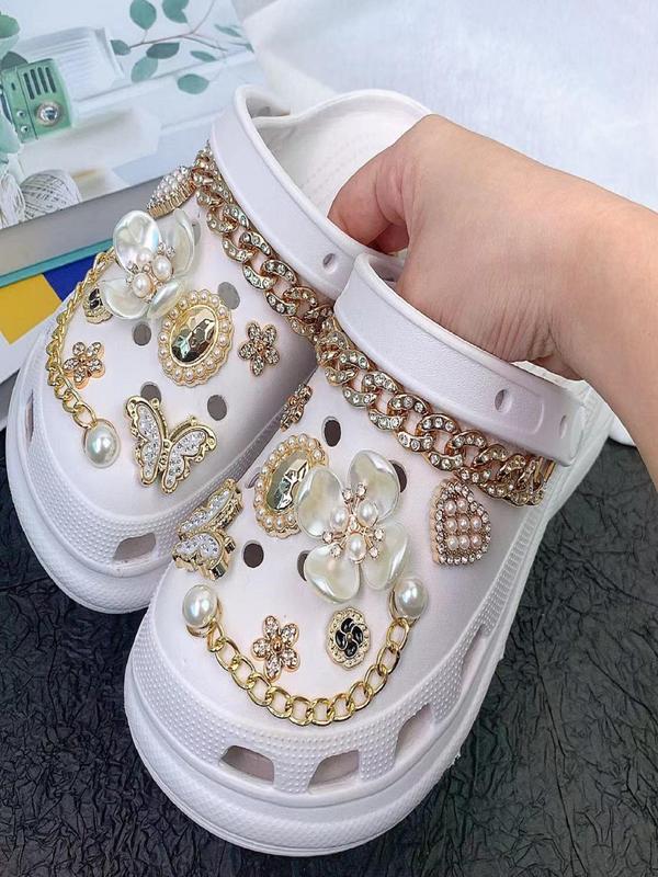 Faux Pearl & Rhinestone Decorated Shoe Charms, Butterfly & Heart Design Chain Shoe Decoration, Fashionable Shoes Decorations for Women & Girls