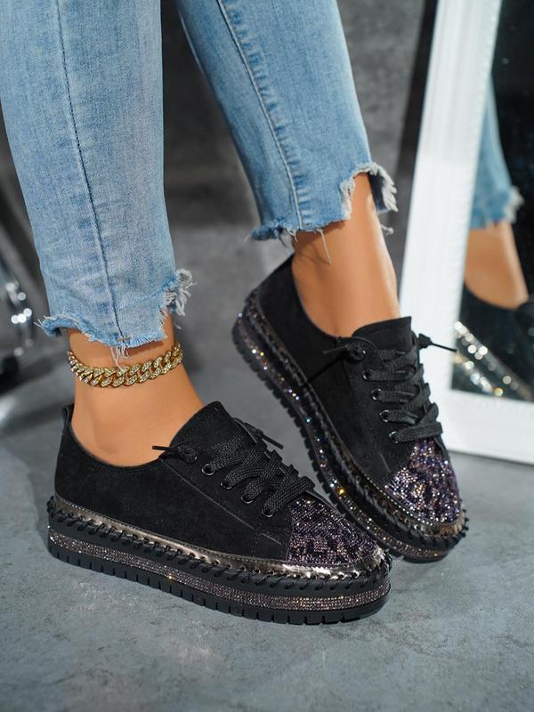 Women's Rhinestone Decor Lace Up Low Top Platform Sneakers, Casual Comfortable Sports Shoes for Daily Wear, Female All-match Round Toe Shoes for Daily Wear