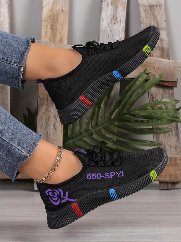 Women's Fashionable Letter & Floral Pattern Lace Up Round Toe Sneakers for Training, Simple Casual Comfortable Sports Shoes for Women for Daily Wear, 2024 Trendy Matching Running Shoes