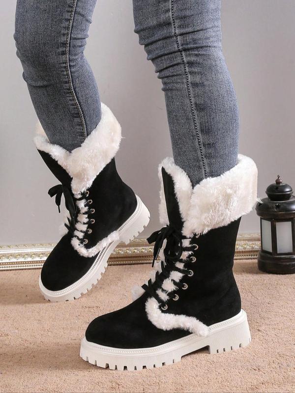 Women's Fashionable Contrast Faux Fur Snow Boots, Casual Warm Lace Up Boots for Winter, Female All-match Trendy Shoes for Daily Wear