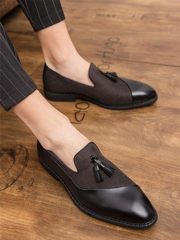 1 Pair Men's Formal Simple Style Plain Color Slip-on Dress Shoes, Lightweight Pointed Toe Business Shoes with Fringe Design, Casual Dress Shoes For Work & Daily Wear