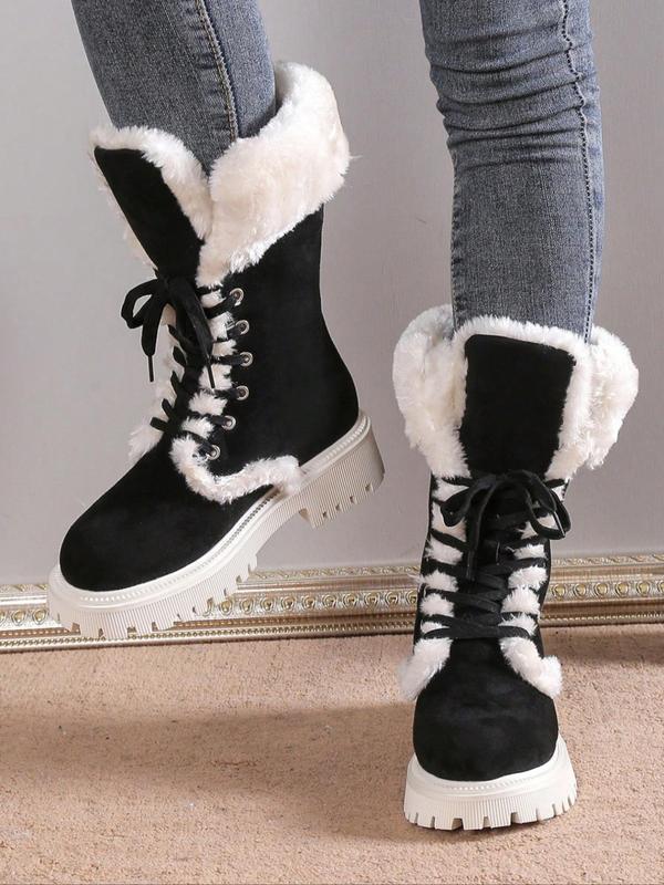 Women's Fashionable Contrast Faux Fur Snow Boots, Casual Warm Lace Up Boots for Winter, Female All-match Trendy Shoes for Daily Wear