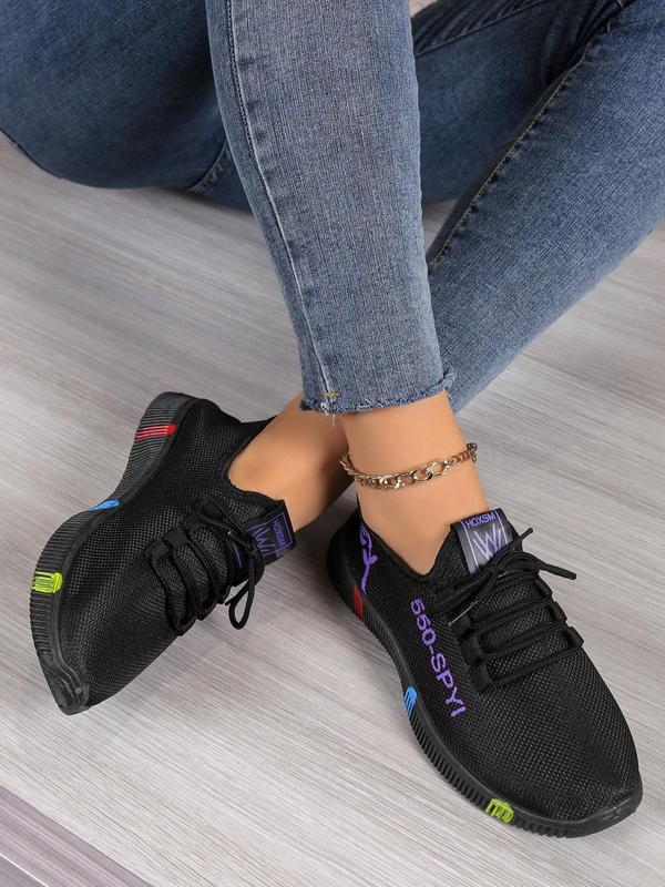 Women's Fashionable Letter & Floral Pattern Lace Up Round Toe Sneakers for Training, Simple Casual Comfortable Sports Shoes for Women for Daily Wear, 2024 Trendy Matching Running Shoes