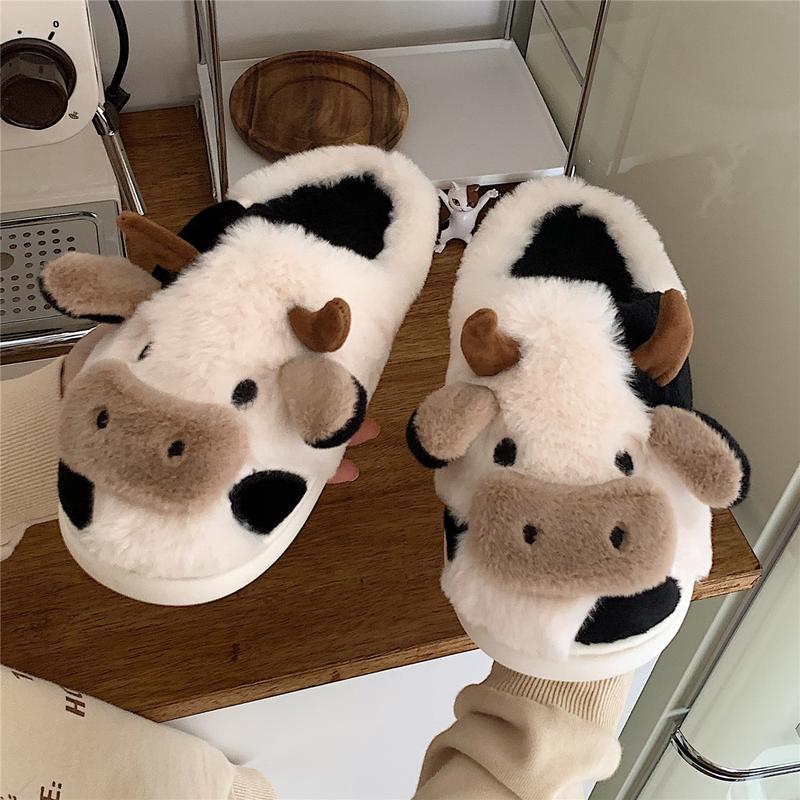 1 Pair Best-selling Cute Cow House Slippers for Couple, Kawaii Fuzzy Cozy Funny House Shoes, Cartoon Animal Design Plush Fluffy Slippers for Women & Men, Silent Anti-slip Slippers, Matching Trendy Warm Slippers