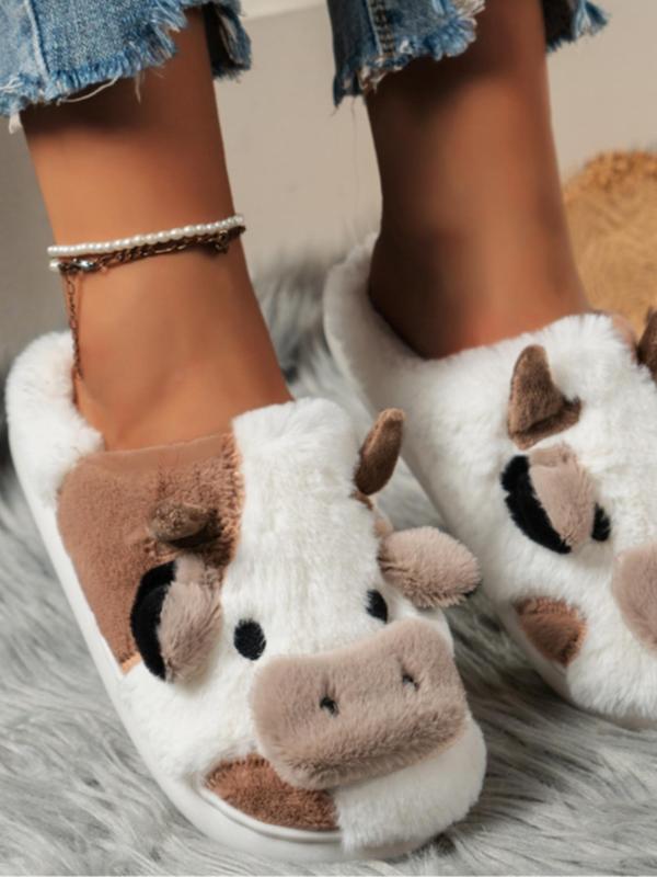 Women's Cartoon Cute Cow Design Plush Slippers, Warm Bedroom Fuzzy Platform Slippers for Daily Wear, Girl's Casual No-slip Chunky Slippers for Fall & Winter