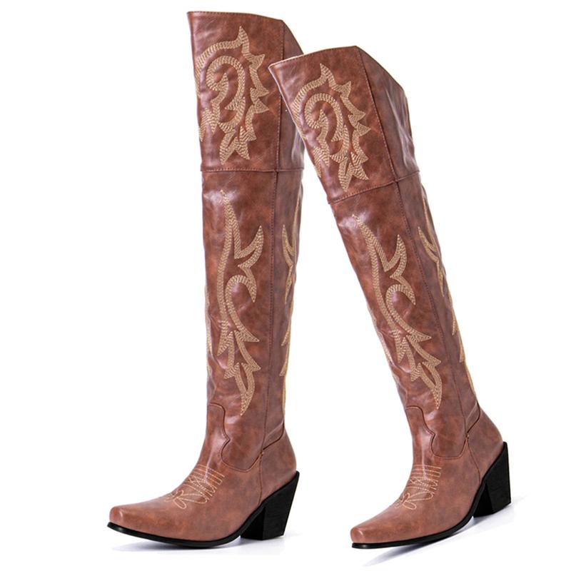 Over the Knee Cowgirl Boots for Women Pointed Toe Embroidered Western Boots with Side Zipper Chunky Long Cowboy Boots