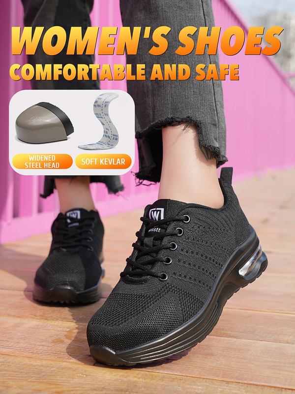 Women's Solid Color Lace Up Low Top Safety Shoes, Casual  Steel Toe Shoes Hollow Out Design Shoes for Daily Wear, All-match Commuter Shoes