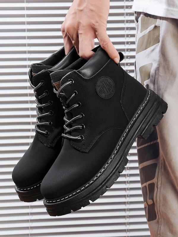 Men's Fashion Patched Design Lace up Pu Leather Boots, Casual Comfortable Mid-calf Boots for Boy, Fashion All-match Leisure Style Combat Boots for Daily Life, Winter Footwear