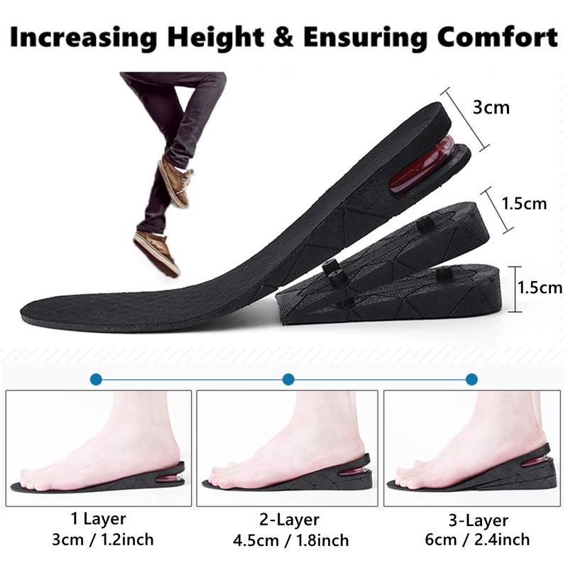 Height Increase Insoles 3 Layers, 1.2 to 2.4 Inches, Universal Breathable Non-Slip Shoe Lift Inserts, Variable Height Increasing Heel Protector Pads with Air Cushion for Women and Men, 1 Pair. (Black)