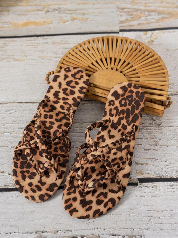 Women's Fashion Leopard Print Braid Design Flat Sandals, Casual Criss Cross Design Slippers, Lightweight Breathable Slippers for Summer Beach Vacation