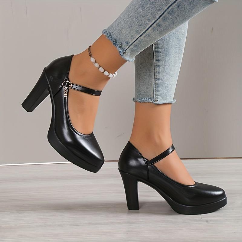 Women's Chunky Heels, Faux Leather Pointed Ankle Strap Mary Jane Pumps, All with Dress Shoes