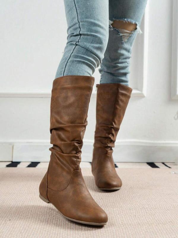 Women's Fashionable Solid Ruched Design Boots, Casual Comfortable Zipper Design Boots for Daily Wear, Perfect for Students and Outdoor for Women & Girls