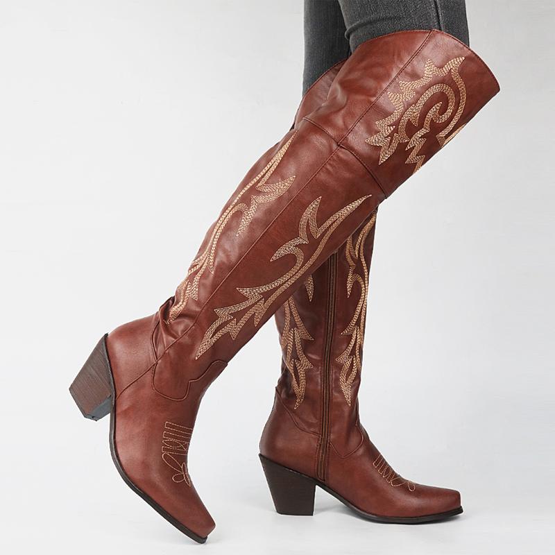 Over the Knee Cowgirl Boots for Women Pointed Toe Embroidered Western Boots with Side Zipper Chunky Long Cowboy Boots