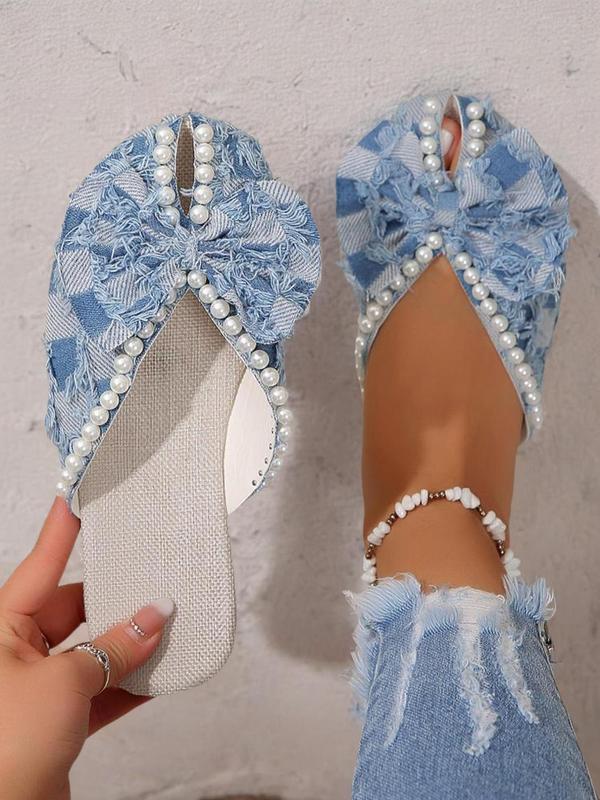 Women's Elegant  Faux Pearl Decor Bowknot Design Slides, 1 Pair Casual Cowboy Style Slide Slippers for Beach, Summer 2024 Fashion Slide Sandals for Vacation