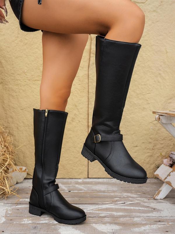 Women's Fashionable Solid Color Belted Design Boots, Casual Comfortable Round Toe Zipper Design Boots for Daily Wear, Retro Trendy Western Boots