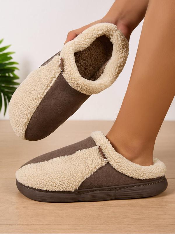 Men's Casual Patchwork Design Plush Slippers, Soft Comfortable Warm Slippers for Indoor & Outdoor Wear, Fluffy Bedroom Slippers for Fall & Winter