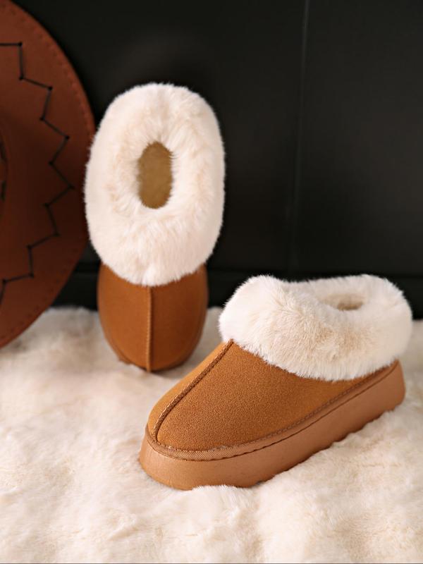 Women's Solid Color Fluffy Plush Lined Ankle Snow Boots, Casual Comfortable Warm Slip on Snow Boots for Winter, Female All-match Round Toe Shoes for Daily Wear