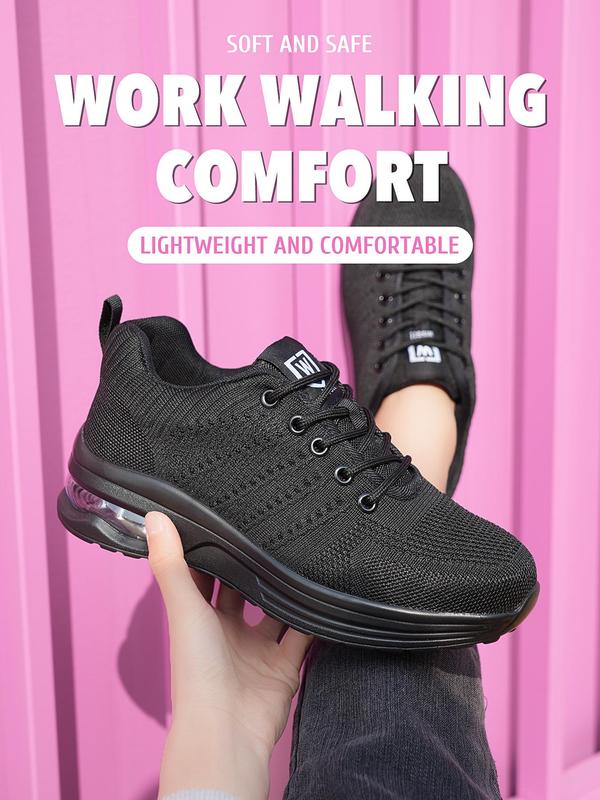 Women's Solid Color Lace Up Low Top Safety Shoes, Casual  Steel Toe Shoes Hollow Out Design Shoes for Daily Wear, All-match Commuter Shoes